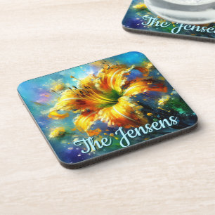 Daylily Daylilies Flower Yellow Teal Personalised Coaster