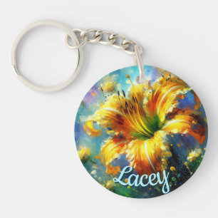 Daylily Daylilies Flower Yellow Teal Personalised Key Ring
