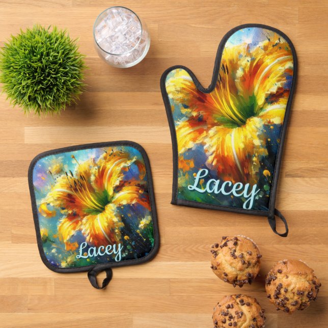 Daylily Daylilies Flower Yellow Teal Personalised Oven Mitt & Pot Holder Set (Top Down)