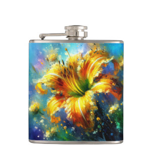 Daylily Floral Impressionistic Painting Yellow Hip Flask