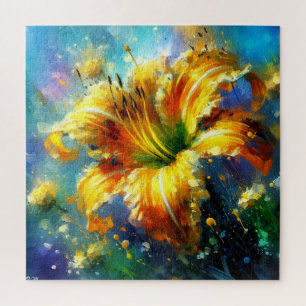Daylily Floral Impressionistic Painting Yellow Jigsaw Puzzle