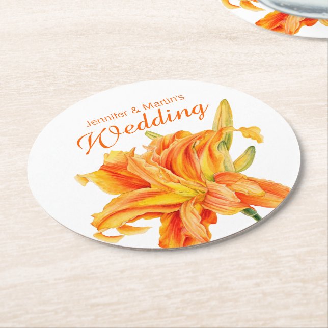 Daylily Hemerocallis floral orange wedding coaster (Angled)