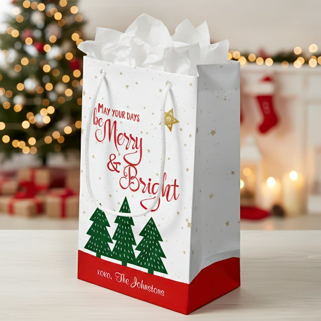 Days Be Merry Bright Red Script Gold Stars Trees  Small Gift Bag (Creator Uploaded)