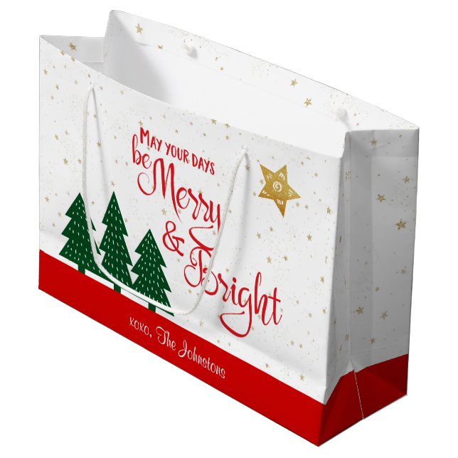 Days Be Merry Bright Red Script Trees Gold Stars Large Gift Bag (Front Angled)