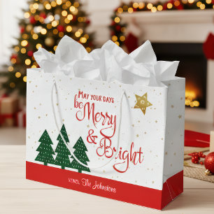 Days Be Merry Bright Red Script Trees Gold Stars Large Gift Bag
