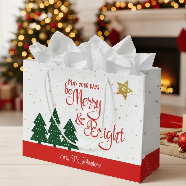 Days Be Merry Bright Red Script Trees Gold Stars Large Gift Bag (Creator Uploaded)