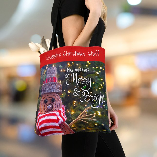 Days Be Merry Bright Rustic Christmas Snowman Name Tote Bag (Creator Uploaded)