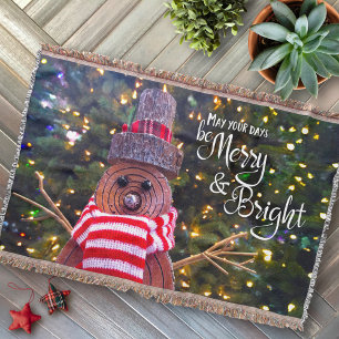 Days Be Merry Bright Rustic Log Snowman Tree Cute Throw Blanket