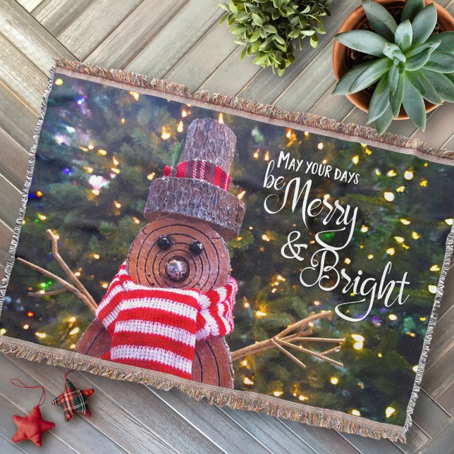 Days Be Merry Bright Rustic Log Snowman Tree Cute Throw Blanket (Creator Uploaded)