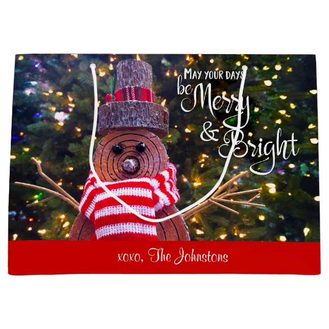 Days Be Merry Bright Rustic Snowman Custom Name Large Gift Bag (Front)