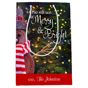 Days Be Merry Bright Rustic Snowman Custom Name Medium Gift Bag