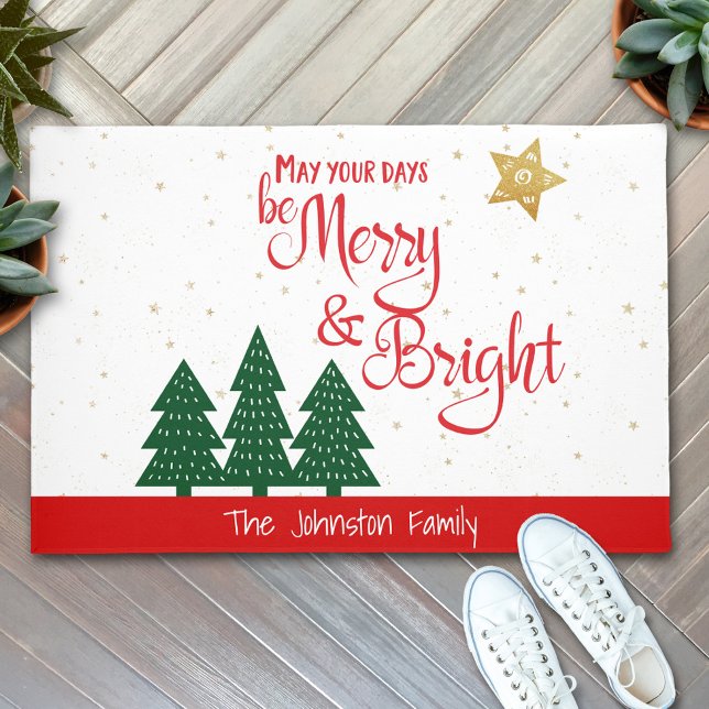 Days Be Merry Bright Script Bold Trees Gold Star Doormat (Creator Uploaded)