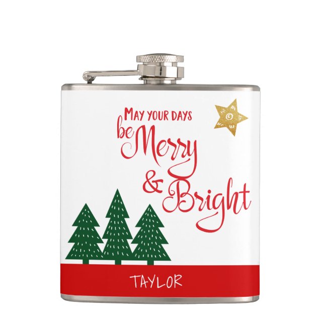 Days Be Merry Bright Script Green Trees Gold Star Hip Flask (Front)