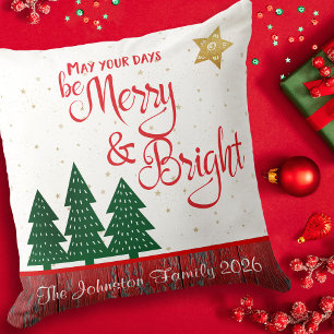 Days Be Merry Bright Tree Gold Star Monogram Name Cushion
