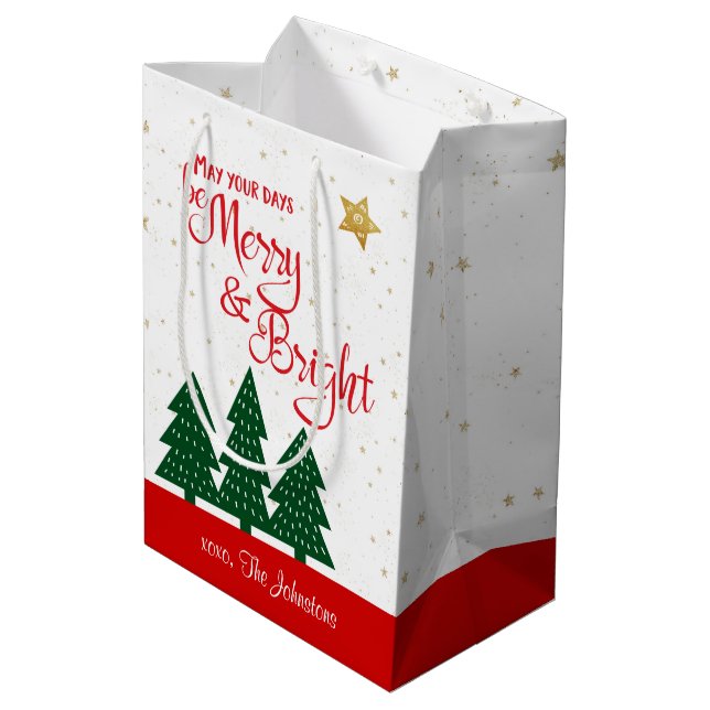 Days Be Merry Bright Trees Red Script Gold Stars  Medium Gift Bag (Back Angled)