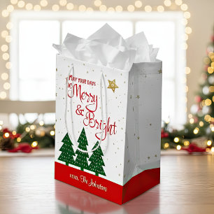 Days Be Merry Bright Trees Red Script Gold Stars Medium Gift Bag