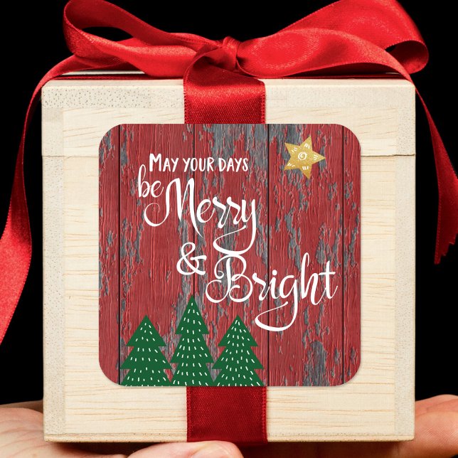 Days Be Merry Bright Trees Star Script Rustic Wood Square Sticker (Creator Uploaded)