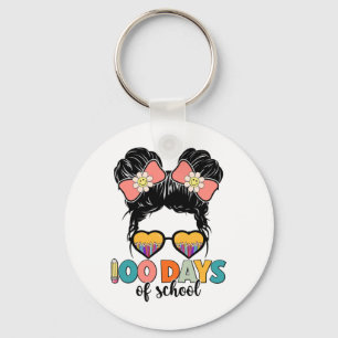 Days Of School Girls Messy Bun Hair 100th Day Of S Key Ring