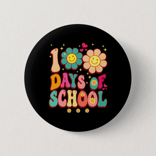Days Of School Groovy Retro 100th Day Teacher Cute 6 Cm Round Badge (Front)