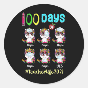 Days Of School Teacher Unicorn Wearing Mask Wrong Classic Round Sticker