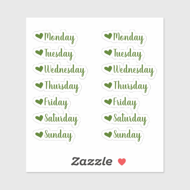 Days of the Week Green Heart Planner Stickers (Sheet)