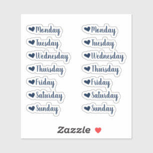 Days of the Week Navy Blue Heart Planner Stickers