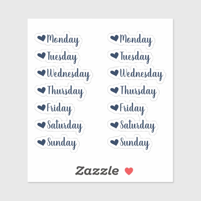 Days of the Week Navy Blue Heart Planner Stickers (Sheet)
