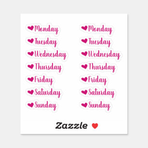 Days of the Week Pink Heart Planner Stickers