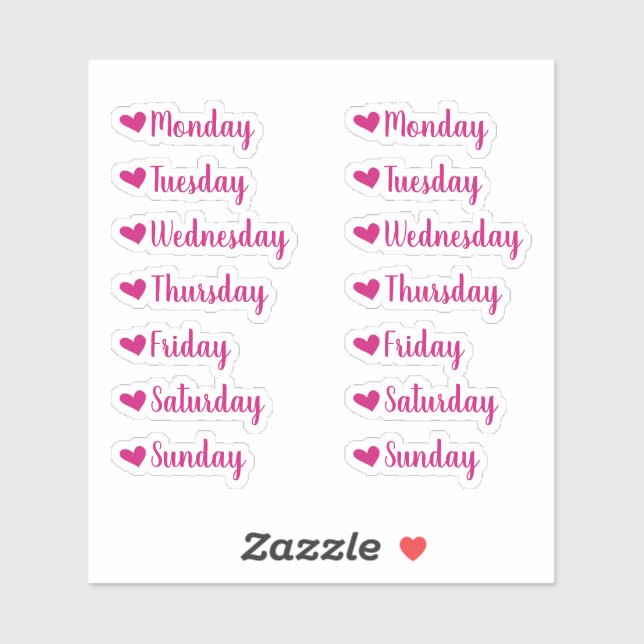 Days of the Week Pink Heart Planner Stickers (Sheet)
