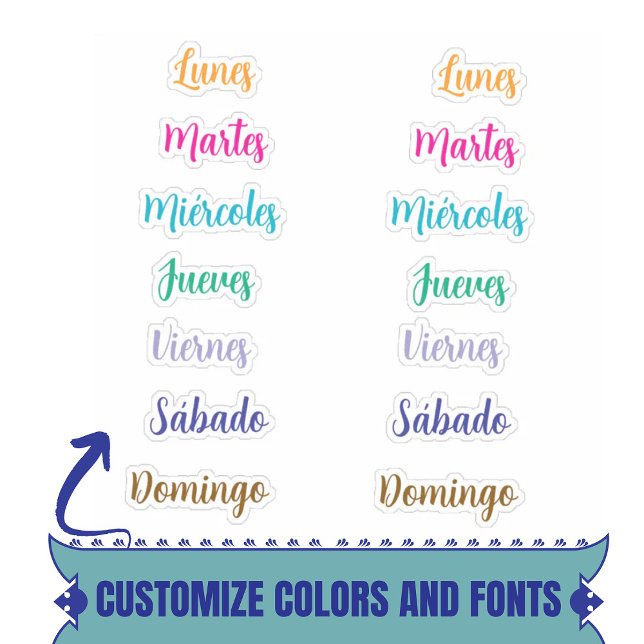 Days of The Week Spanish Custom Stickers (Days of The Week Spanish Custom Stickers Lunes a Domingo)