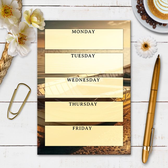 Days of the Week Sunny Yellow Post-it Notes (Post it notes showing an image of a rowing boat with 5 text field overlays for each day of the week)