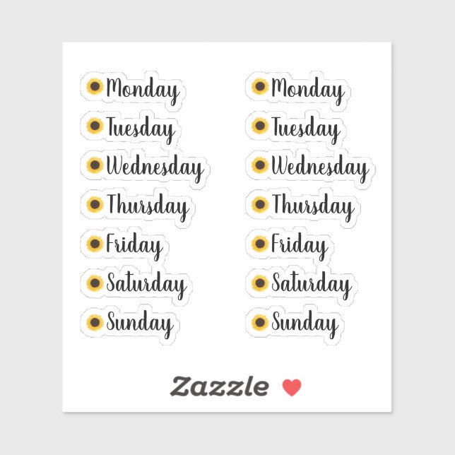 Days of the Week Yellow Sunflower Planner Stickers (Sheet)
