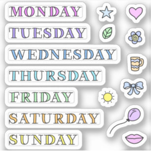 Days of Week and Doodles Custom Cut Stickers 3x3"