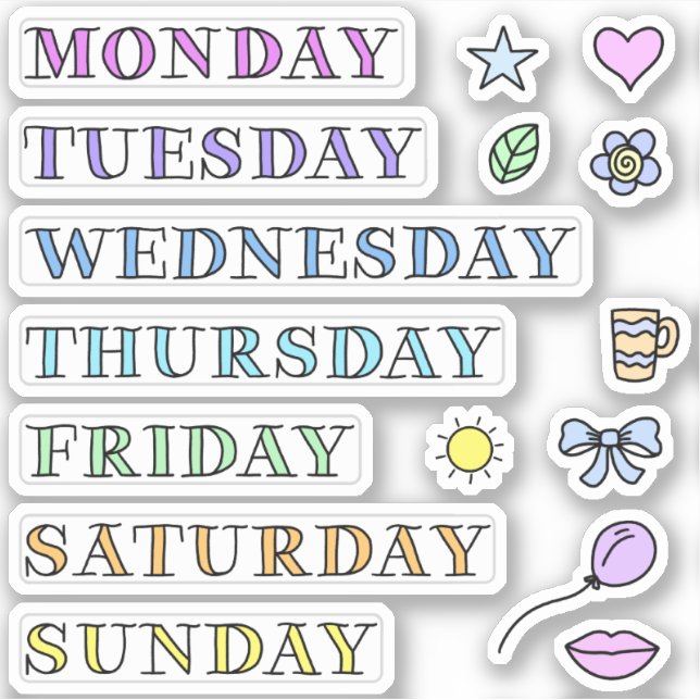 Days of Week and Doodles Custom Cut Stickers 4x4" (Front)