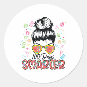 Days Smarter 100th Day Of School Girls Messy Bun H Classic Round Sticker