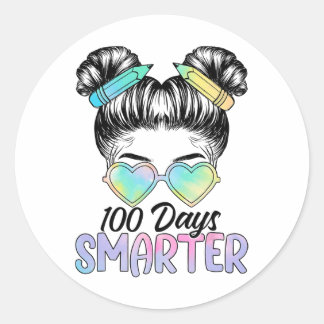 Days Smarter Girls Messy Bun Hair 100th Day Of Sch Classic Round Sticker