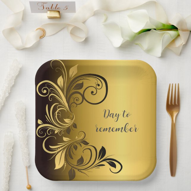Days to Remember, Black Gold Floral Border  Paper Plate (Wedding)