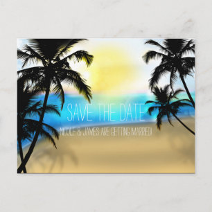 Daytime Beach + Palm Trees Save The Date Postcard