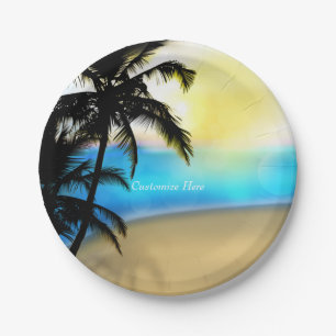 Daytime Beach & Palm Trees Tropical Wedding Plates
