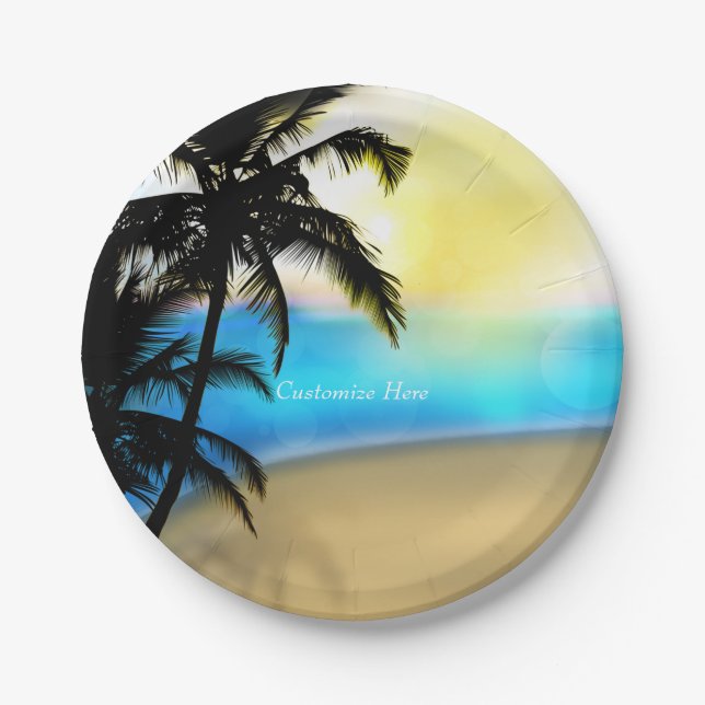 Daytime Beach & Palm Trees Tropical Wedding Plates (Front)