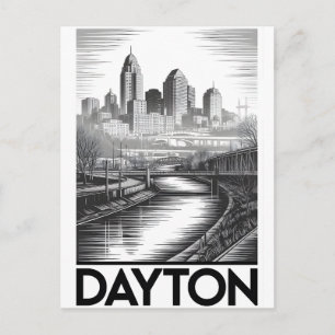 Dayton Ohio Skyline Black White Woodcut Holiday Postcard