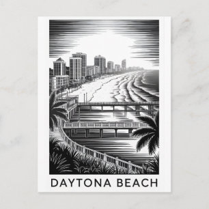 Daytona Beach Florida Black White Woodcut Skyline Holiday Postcard
