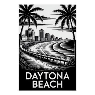 Daytona Beach Florida Black White Woodcut Skyline Poster