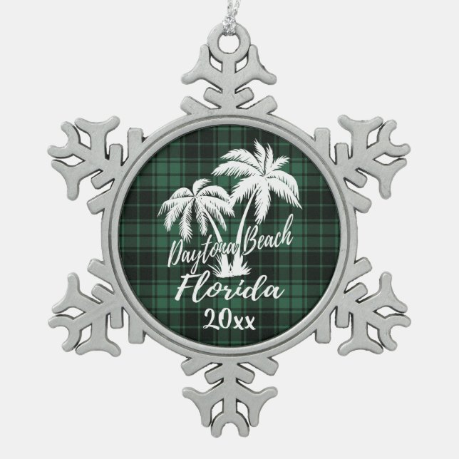 Daytona Beach Florida Palm Green Plaid Snowflake Pewter Christmas Ornament (Front)