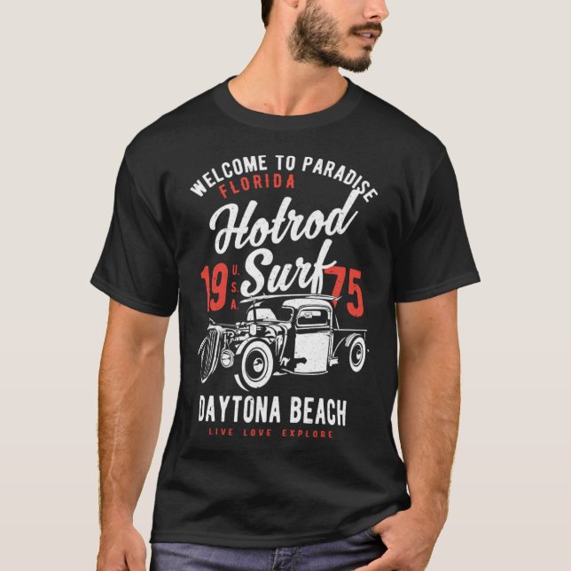 Daytona Beach Florida Retro Hotrod Surf Distressed T-Shirt (Front)