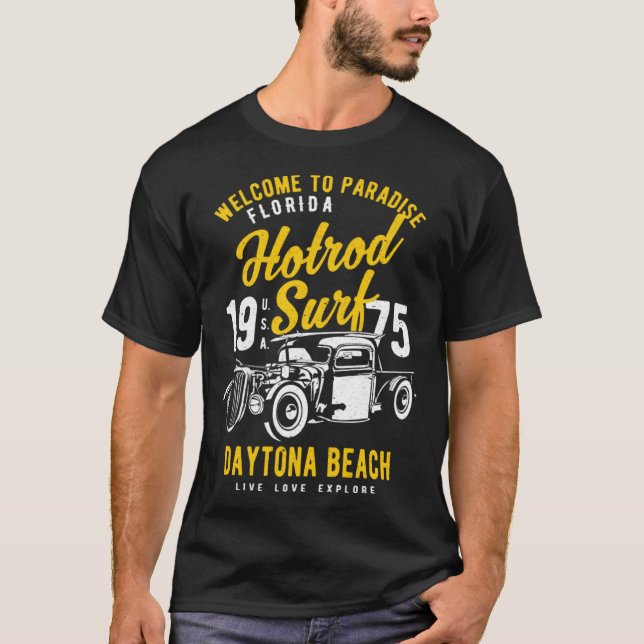 Daytona Beach Florida Retro Hotrod Surf Distressed T-Shirt (Front)