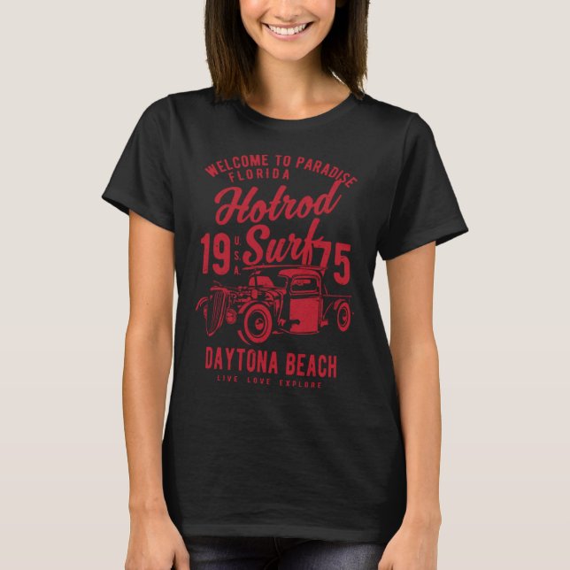 Daytona Beach Florida Retro Hotrod Surf Distressed T-Shirt (Front)