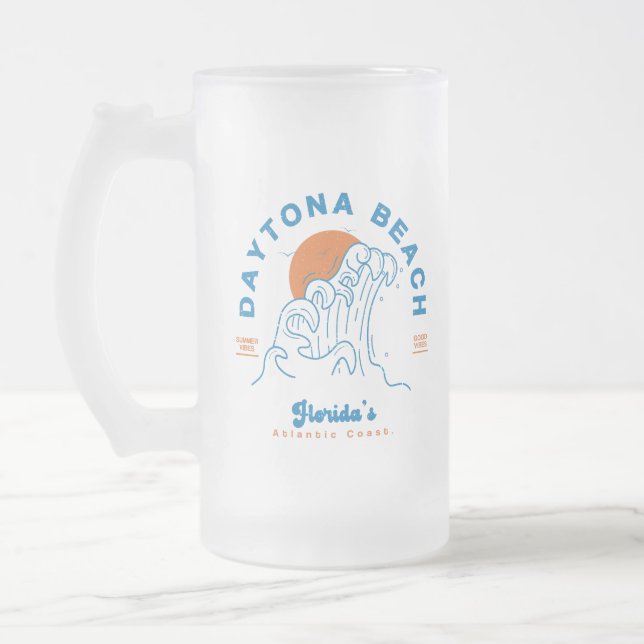 DAYTONA BEACH FLORIDA SUMMER WAVES VACATION FROSTED GLASS BEER MUG (Left)