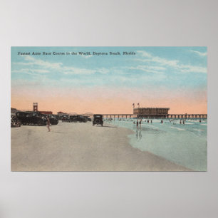 Daytona, FL - View of Beach with Cars & Poster