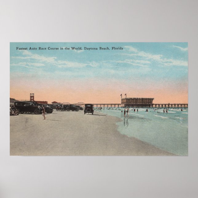 Daytona, FL - View of Beach with Cars & Poster (Front)